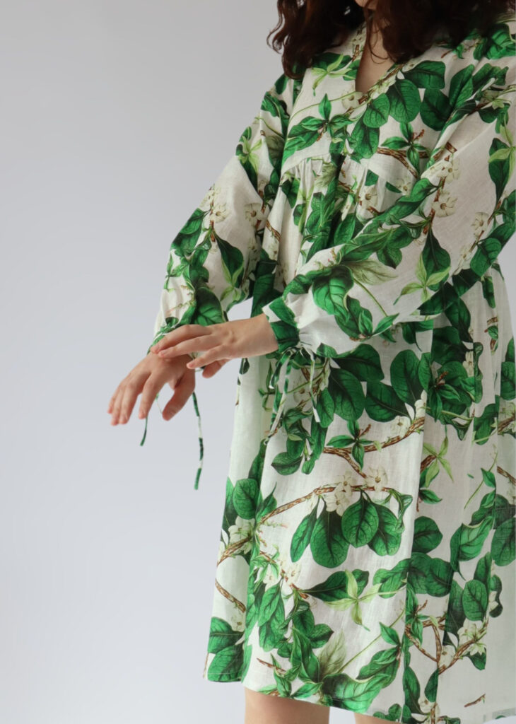 Esret Dress – front view of lightweight natural linen dress with green floral print