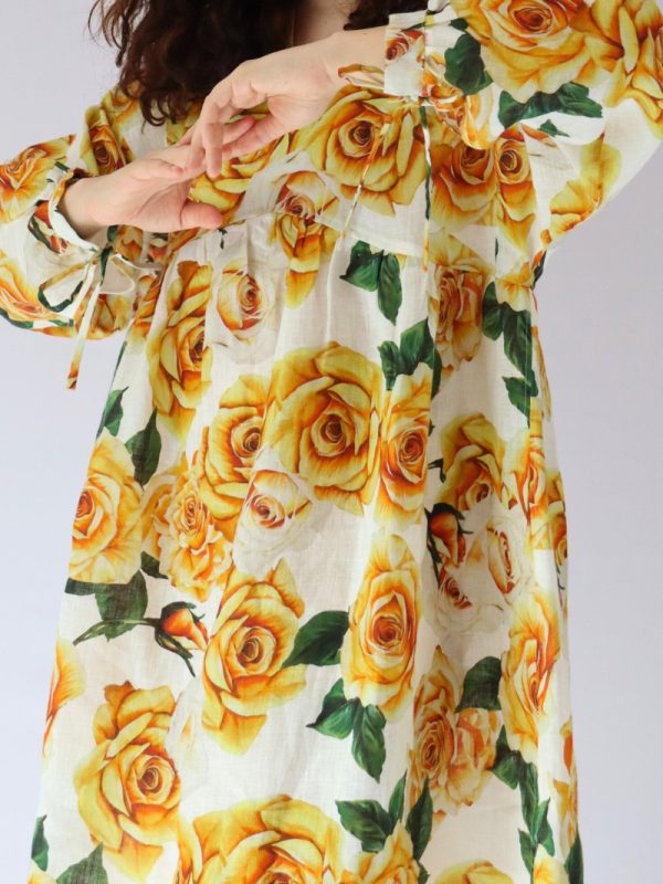 Golden rose linen dress front view, oversized empire waist style made of 100% Italian linen