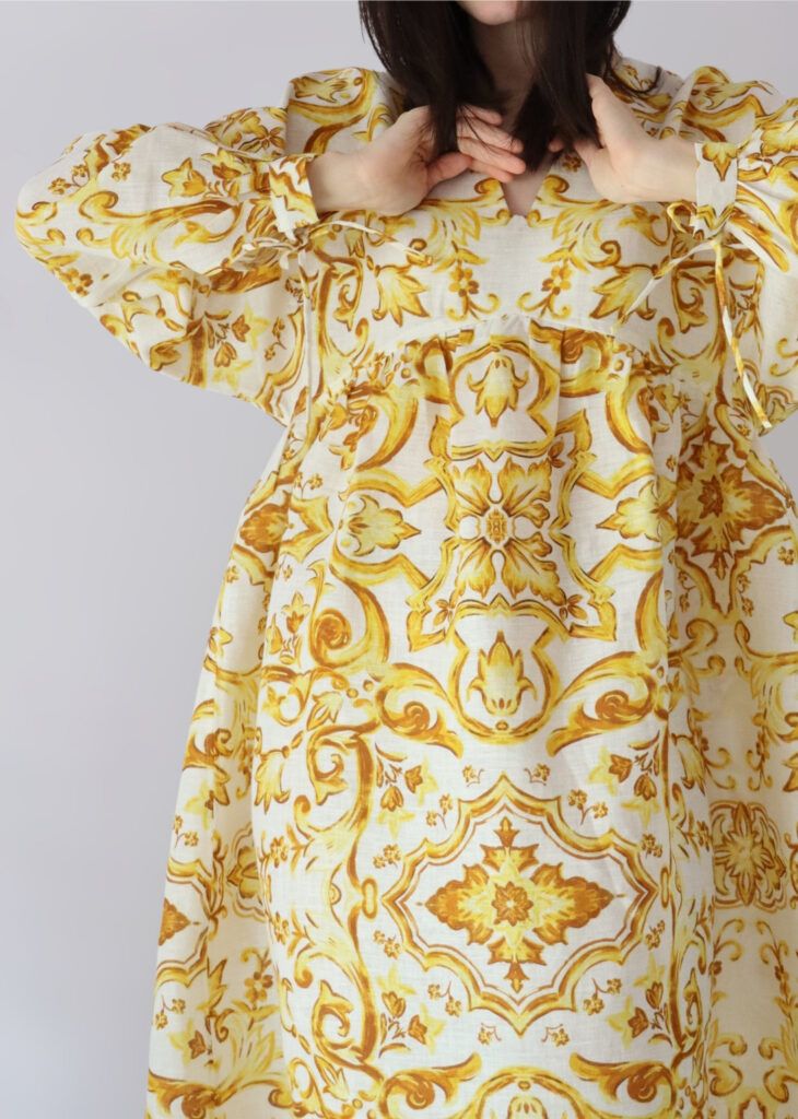 Elegant vintage gold linen dress for women – summer chic outfit