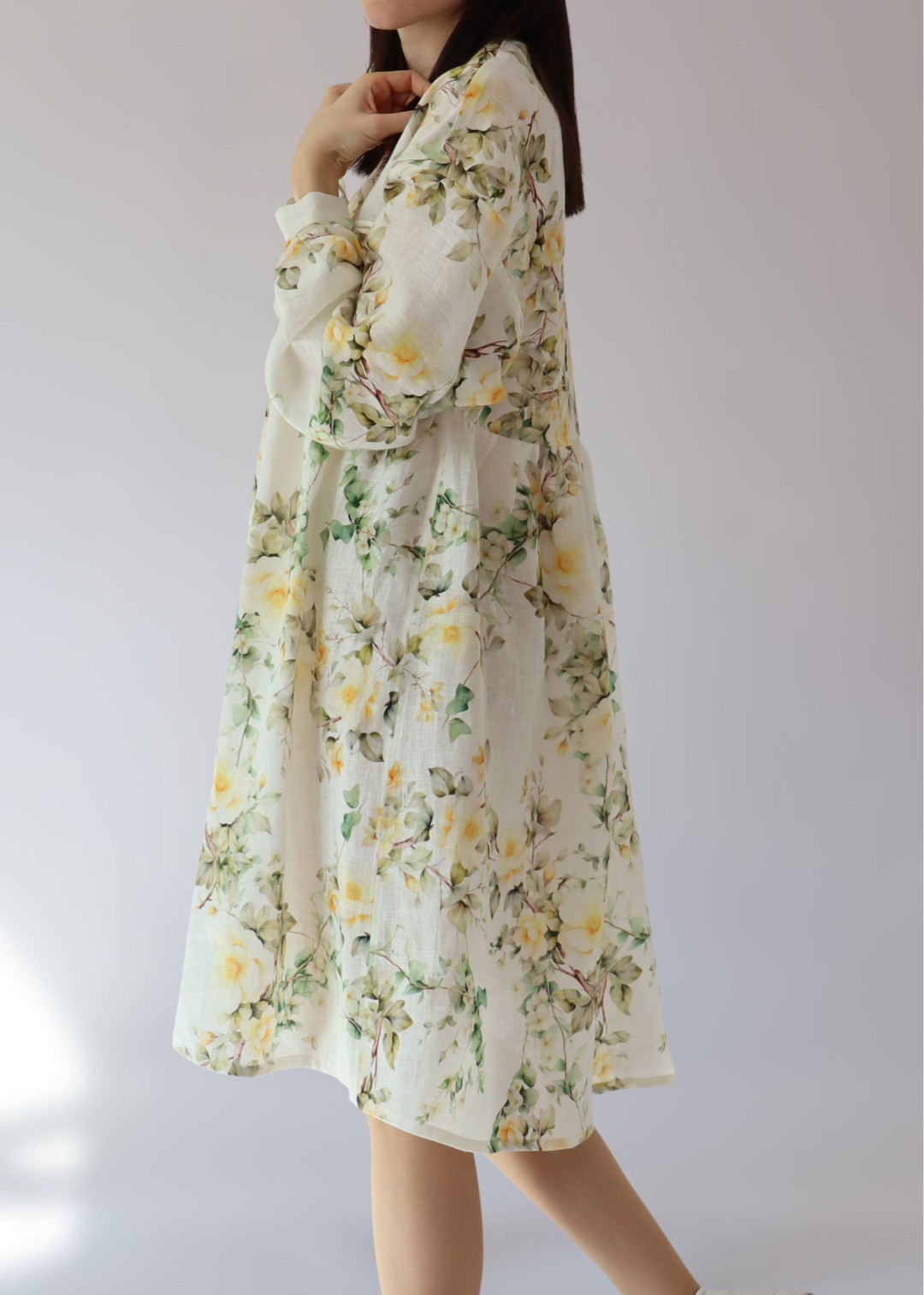 Elegant oversized wild rose linen midi dress with delicate yellow floral print