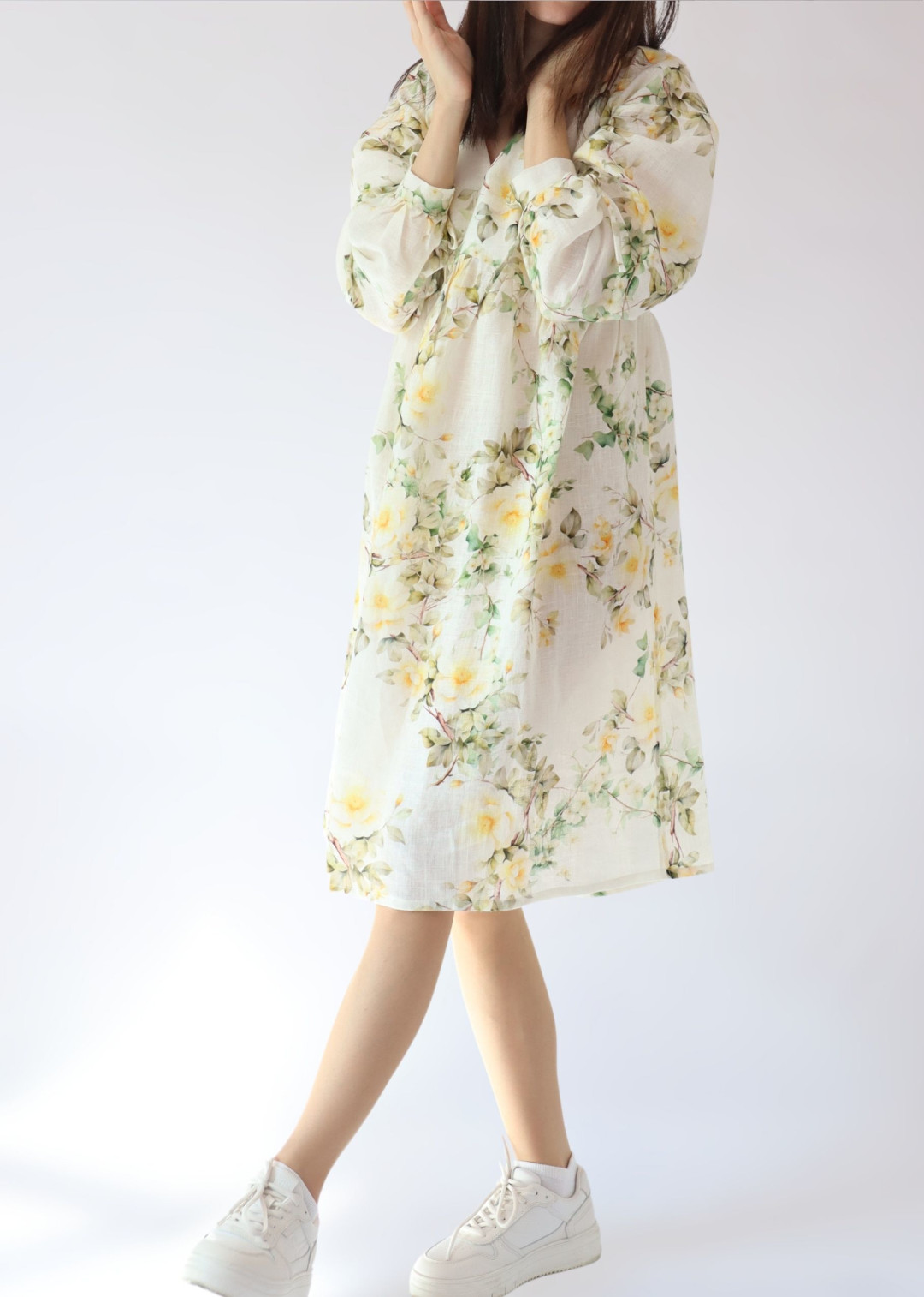 Women’s floral wild rose linen midi dress with loose fit design