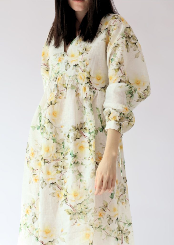 Wild rose linen dress featuring kimono style sleeves and lowered armscye