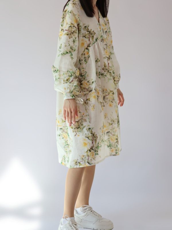 Oversized wild rose linen dress with empire waist and dropped shoulders