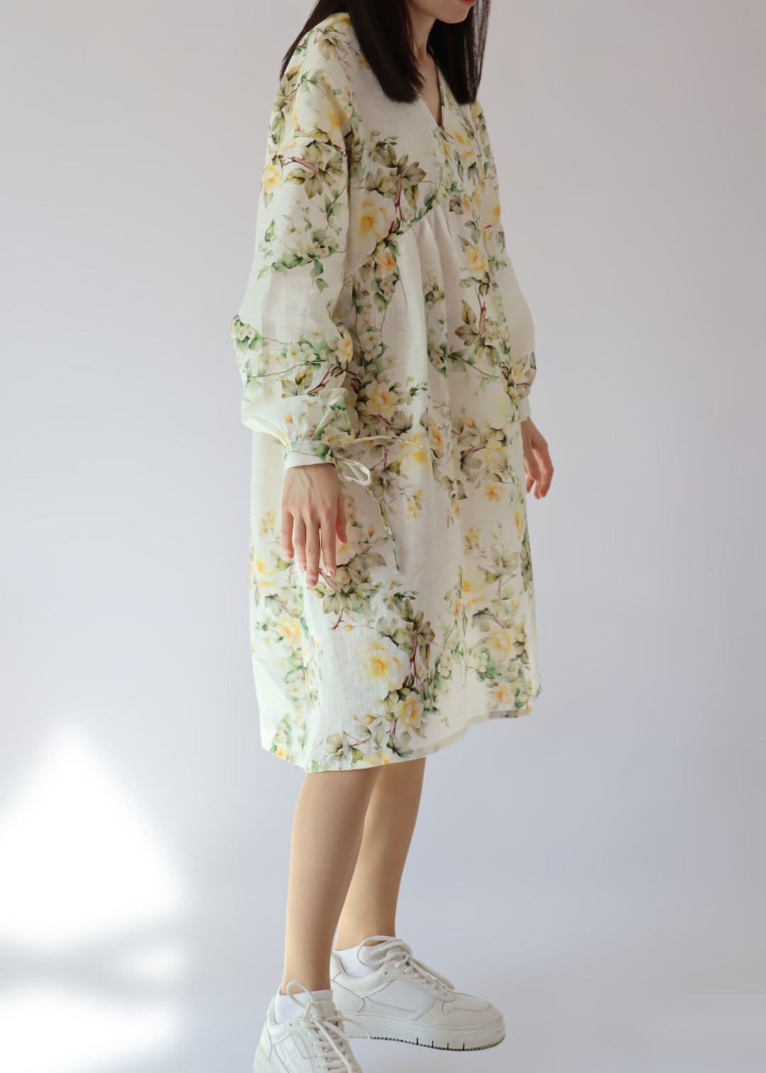 Oversized wild rose linen dress with empire waist and dropped shoulders