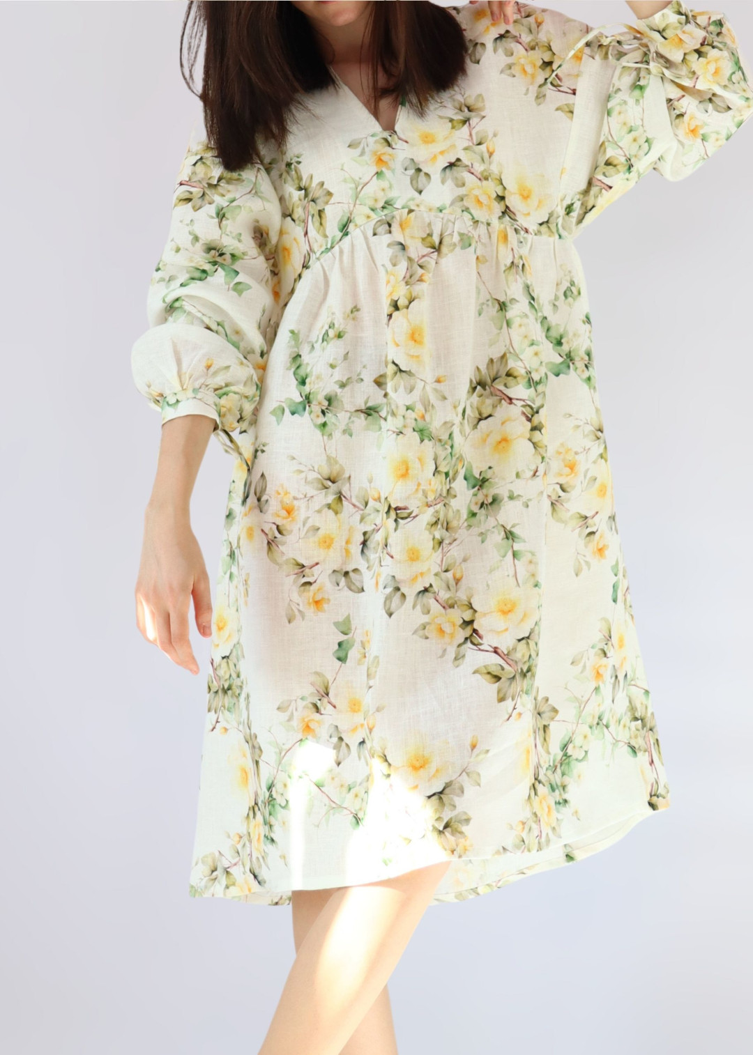 Vintage style oversized wild rose linen summer dress with empire waist